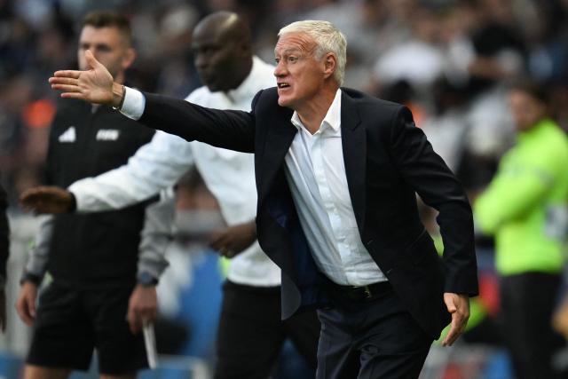 France's head coach Didier Deschamps reacts from the sidelines during the international friendly football match between France and Ivory Coast ahead of the 2026 FIFA World Cup football tournament at the Stade de la Beaujoire in Nantes, western France, on June 4, 2026. (Photo by Loic VENANCE / AFP)