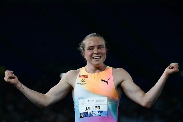 Norway's Henriette Jaegger celebrates after winning the women's 400m during the IAAF Diamond League athletics meeting, at the Olympic Stadium, in Rome on June 4, 2026. (Photo by Filippo MONTEFORTE / AFP)