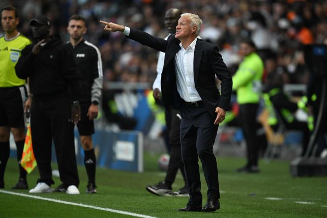 France's head coach Didier Deschamps reacts from the sidelines during the international friendly football match between France and Ivory Coast ahead of the 2026 FIFA World Cup football tournament at the Stade de la Beaujoire in Nantes, western France, on June 4, 2026. (Photo by Loic VENANCE / AFP)