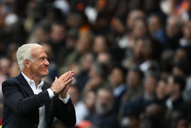 France's head coach Didier Deschamps reacts from the sidelines during the international friendly football match between France and Ivory Coast ahead of the 2026 FIFA World Cup football tournament at the Stade de la Beaujoire in Nantes, western France, on June 4, 2026. (Photo by Loic VENANCE / AFP)