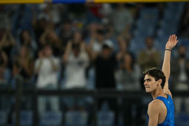 Italy's Matteo Sioli reacts as he competes in the men's High Jump during the IAAF Diamond League athletics meeting, at the Olympic Stadium, in Rome on June 4, 2026. (Photo by Andreas SOLARO / AFP)