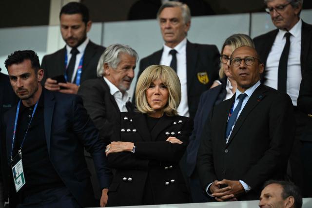 French President's wife Brigitte Macron and President of the French Football Federation Philippe Diallo attend the international friendly football match between France and Ivory Coast ahead of the 2026 FIFA World Cup football tournament at the Stade de la Beaujoire in Nantes, western France, on June 4, 2026. (Photo by Loic VENANCE / AFP)