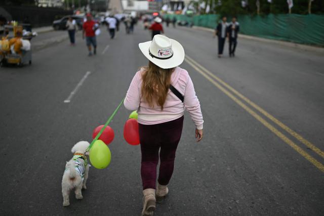 A supporter of Peru's presidential candidate for the Juntos por el Peru party, Roberto Sanchez, walks with her dog before the start of the closing campaign rally in Lima on June 4, 2026. Right-wing candidate Keiko Fujimori and leftist Roberto Sanchez will face off in Peru's presidential runoff on June 7, 2026. (Photo by ERNESTO BENAVIDES / AFP)