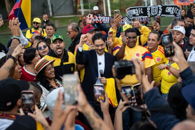 Colombia's presidential candidate for the Pacto Historico Party, Ivan Cepeda, gestures during a campaign rally with organized football fan supporters in Bogota on June 4, 2026. Colombia will hold the runoff presidential election on June 21. (Photo by AFP)
