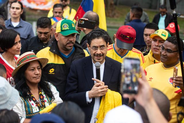 Colombia's presidential candidate for the Pacto Historico Party, Ivan Cepeda, speaks during a campaign rally with organized football fan supporters in Bogota on June 4, 2026. Colombia will hold the runoff presidential election on June 21. (Photo by AFP)