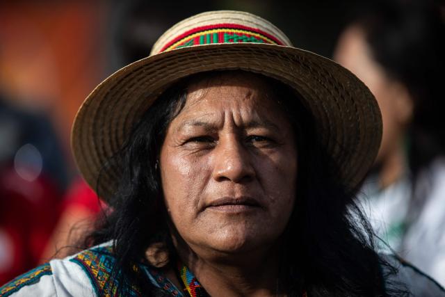 Colombia's vice presidential candidate for the Pacto Historico Party, Aida Quilcue, looks on during a campaign rally for her running mate, Ivan Cepeda, with organized football fan supporters in Bogota on June 4, 2026. Colombia will hold the runoff presidential election on June 21. (Photo by AFP)