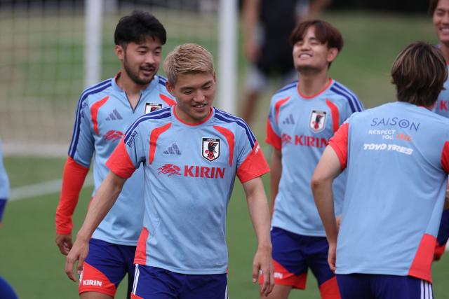 Japan's midfielder Ritsu Doan (C) takes part in a training session at the Club Monterrey Training Center at El Barrial in Santiago, Nuevo Leon State, Mexico, on June 4, 2026, ahead of the FIFA 2026 World Cup football tournament. (Photo by Julio Cesar AGUILAR / AFP)