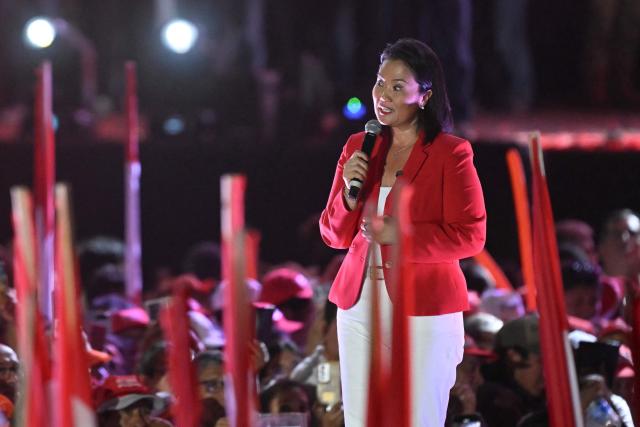 Peru's presidential candidate for the Fuerza Popular party, Keiko Fujimori, speaks to supporters during her closing campaign rally in Lima on June 4, 2026. Right-wing candidate Keiko Fujimori and leftist Roberto Sanchez will face off in Peru's presidential runoff on June 7, 2026. (Photo by MARTIN BERNETTI / AFP)
