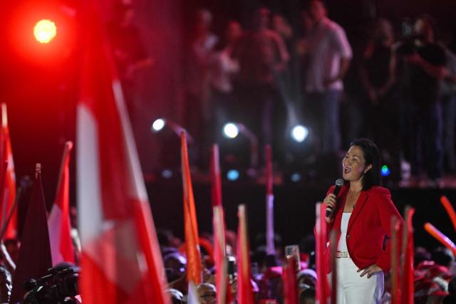 Peru's presidential candidate for the Fuerza Popular party, Keiko Fujimori, speaks to supporters during her closing campaign rally in Lima on June 4, 2026. Right-wing candidate Keiko Fujimori and leftist Roberto Sanchez will face off in Peru's presidential runoff on June 7, 2026. (Photo by MARTIN BERNETTI / AFP)
