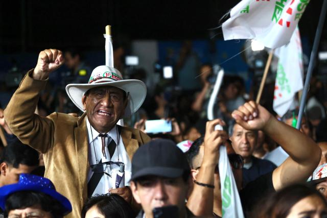 Supporters of Peru’s presidential candidate for the Juntos por el Peru party, Roberto Sanchez, react during his closing campaign rally in Lima on June 4, 2026. Right-wing candidate Keiko Fujimori and leftist Roberto Sanchez will face off in Peru's presidential runoff on June 7, 2026. (Photo by Connie FRANCE / AFP)