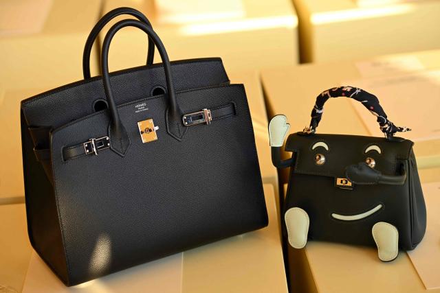A Hermes Birkin Sellier (L) and a Hermes Kelly Doll bags are displayed during The Second Chapter of Hermes Women’s Ready-to-Wear Fall-Winter 2026 fashion show at Hotel Bel-Air in Los Angeles on June 4, 2026. (Photo by Patrick T. Fallon / AFP)