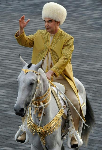 (FILES) (FILES) Turkmenistan's President Gurbanguly Berdymukhamedov riding an Akhal-Teke stallion takes part in celebrations for the Day of the Horse in Ashgabat on April 28, 2018. (Photo by Igor SASIN / AFP)
