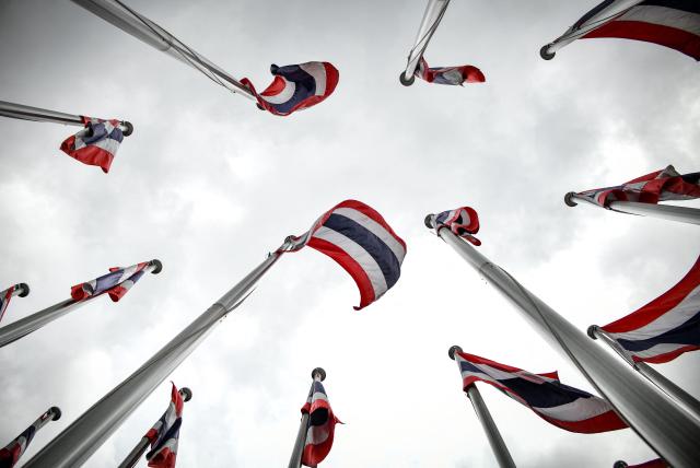 Thai national flags are displayed outside the Queen Sirikit National Convention Center in Bangkok on June 4, 2026. (Photo by Amaury PAUL / AFP)