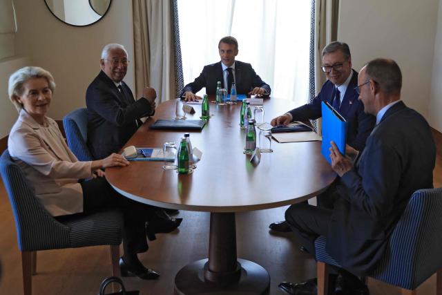(LtoR) European Commission President Ursula von der Leyen, European Council President Antonio Costa, French President Emmanuel Macron, Serbian President Aleksandar Vucic and German Chancellor Friedrich Merz pose prior to a meeting as part of the EU-Western Balkans Summit at Porto Montenegro in Tivat on June 5, 2026. (Photo by Ludovic MARIN / AFP)