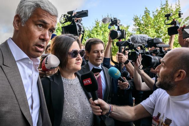 Bar owners Jacques and Jessica Moretti's lawyers (FromL) Nicola Meier, Yael Hayat and Patrick Michod talk to the press as they arrive for a hearing in Crans-Montana, as part of the inquiry into a devastating New Year's fire at the Constallation bar, in Sion on June 5, 2026. The French couple Jacques and Jessica Moretti were to be cross-examined by public prosecutors and lawyers for civil parties caught up in the blaze that engulfed Le Constellation bar in Crans-Montana in the early hours of January 1, 2026. The tragedy killed 41 people, mostly teenagers, and injured 115 others. (Photo by Fabrice COFFRINI / AFP)