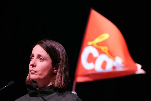 (FILES) French trade union General Confederation of Labour (CGT) secretary general Sophie Binet looks on as she addresses the audience during the audience during a French trade union General Confederation of Labour (CGT) meeting for trade union freedoms in Montreuil, near Paris on February 4, 2026. Sophie Binet, the only declared candidate, was re-elected as head of the CGT, France’s second-largest labor union, following a week-long convention in Tours, the union’s leadership announced on June 5, 2026. (Photo by Thomas SAMSON / AFP)