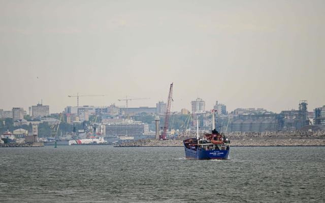 Picture taken on May 18, 2026 shows ships at the entrance to the port of Constanta, Romania. A sea drone exploded early Friday, June 5, 2026 in Romania's Black Sea port of Constanta without causing casualties, a week after an aerial drone crashed into an apartment building in the country, injuring two. (Photo by Daniel MIHAILESCU / AFP)