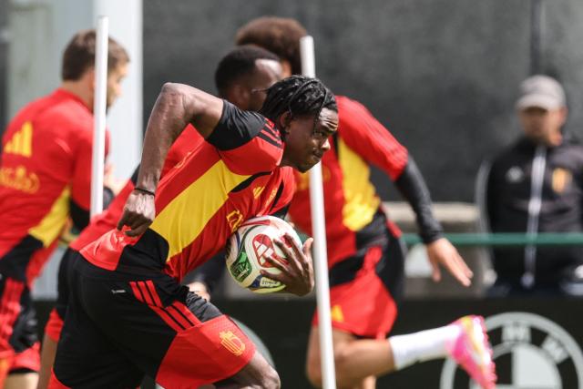 Belgium's Nathan Ngoy takes part in a training session of Belgian national soccer team Red Devils on the eve of their friendly game against Tunisia as part of their preparation ahead of the 2026 FIFA World Cup football tournament, in Brussels, on June 5, 2026. (Photo by BRUNO FAHY / Belga / AFP) / Belgium OUT