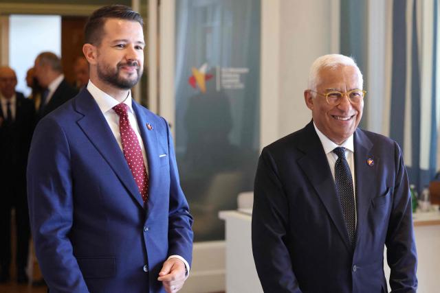European Council President Antonio Costa (R) and Montenegrin President Jakov Milatovic arrive to chair the EU-Western Balkans Summit at Porto Montenegro in Tivat on June 5, 2026. The summit brings together leaders from EU member states and the six Western Balkans partners to discuss enlargement and gradual integration into the EU single market. (Photo by Ludovic MARIN / AFP)