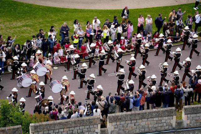 The Band of the Royal Marines performs ahead of a ceremony for the presentation of New Colours to the 40, 42, 43 and 45 Commando Royal Marines, at Windsor Castle, June 5, 2026. (Photo by Jordan Pettitt / POOL / AFP)