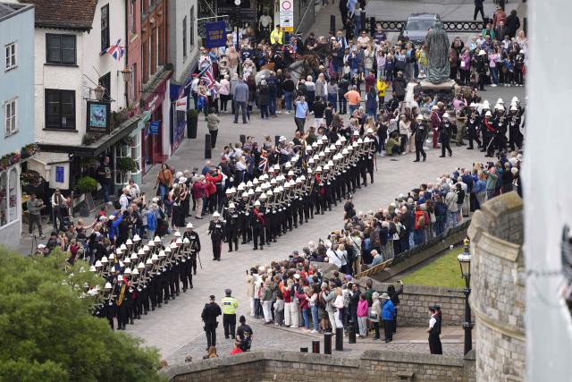 The Band of the Royal Marines performs ahead of a ceremony for the presentation of New Colours to the 40, 42, 43 and 45 Commando Royal Marines, at Windsor Castle, June 5, 2026. (Photo by Jordan Pettitt / POOL / AFP)