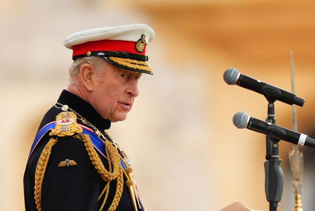 Britain's King Charles III, Captain General Royal Marines speaks during a ceremony for the presentation of New Colours to the 40, 42, 43 and 45 Commando Royal Marines, at Windsor Castle, June 5, 2026. (Photo by Aaron Chown / POOL / AFP)