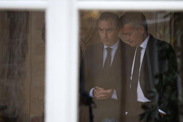 France's Prime Minister Sebastien Lecornu (L) stands next to France's Justice Minister Gerald Darmanin during a meeting after a search teams found the body of a child believed to be Lyhanna, an 11-year-old schoolgirl missing since May 29, 2026, at Matignon in Paris, on June 5, 2026. Gйrald Darmanin highlighted “the overwhelming and unacceptable failings of state services” in the handling of complaints targeting the suspect in the investigation into the death of Lyhanna. (Photo by SIMON WOHLFAHRT / AFP)