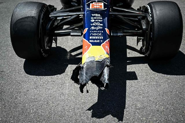 The car of Red Bull Racing's French driver Isaac Hadjar is pictured after crashing during the first practice session at the Monaco street circuit in Monaco, ahead of the Monaco Formula 1 Grand Prix, on June 5, 2026. (Photo by Gabriel BOUYS / AFP)