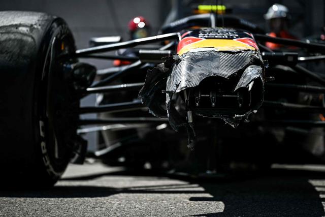 The car of Red Bull Racing's French driver Isaac Hadjar is pictured after crashing during the first practice session at the Monaco street circuit in Monaco, ahead of the Monaco Formula 1 Grand Prix, on June 5, 2026. (Photo by Gabriel BOUYS / AFP)