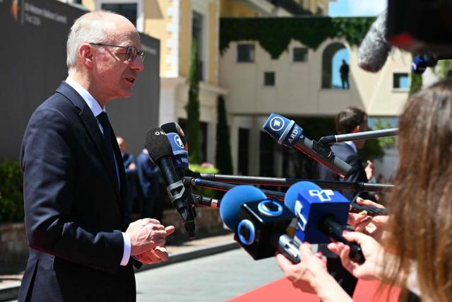 Luxembourg Prime Minister Luc Frieden makes a press statement ahead of the EU-Western Balkans Summit at Porto Montenegro in Tivat on June 5, 2026. (Photo by SAVO PRELEVIC / AFP)