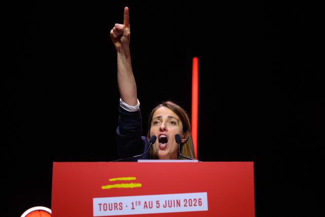 CGT leader Sophie Binet gestures as she delivers a speech after being after being re-elected as General Secretary during the 54th congress of the General Confederation of Labour (CGT) French trade union in Tours, central France, on June 5, 2026. (Photo by Loic VENANCE / AFP)