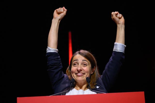 CGT leader Sophie Binet reacts as she delivers a speech after being after being re-elected as General Secretary during the 54th congress of the General Confederation of Labour (CGT) French trade union in Tours, central France, on June 5, 2026. (Photo by Loic VENANCE / AFP)