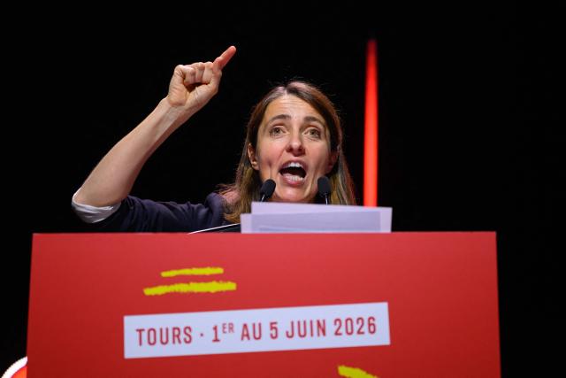 CGT leader Sophie Binet delivers a speech after being after being re-elected as General Secretary during the 54th congress of the General Confederation of Labour (CGT) French trade union in Tours, central France, on June 5, 2026. (Photo by Loic VENANCE / AFP)