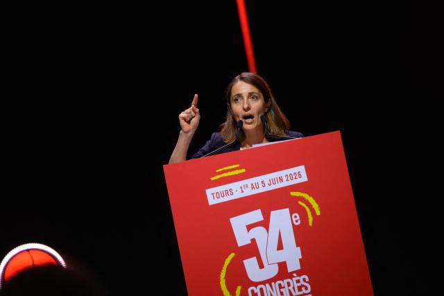 CGT leader Sophie Binet gestures as she delivers a speech after being after being re-elected as General Secretary during the 54th congress of the General Confederation of Labour (CGT) French trade union in Tours, central France, on June 5, 2026. (Photo by Loic VENANCE / AFP)