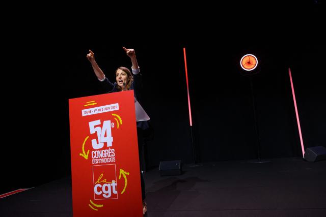 CGT leader Sophie Binet reacts as she delivers a speech after being after being re-elected as General Secretary during the 54th congress of the General Confederation of Labour (CGT) French trade union in Tours, central France, on June 5, 2026. (Photo by Loic VENANCE / AFP)