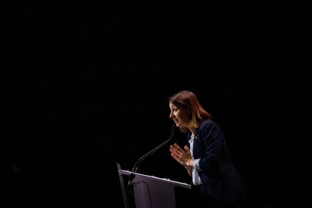 CGT leader Sophie Binet delivers a speech after being after being re-elected as General Secretary during the 54th congress of the General Confederation of Labour (CGT) French trade union in Tours, central France, on June 5, 2026. (Photo by Loic VENANCE / AFP)