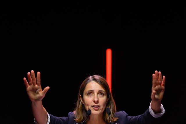 CGT leader Sophie Binet gestures as she delivers a speech after being after being re-elected as General Secretary during the 54th congress of the General Confederation of Labour (CGT) French trade union in Tours, central France, on June 5, 2026. (Photo by Loic VENANCE / AFP)