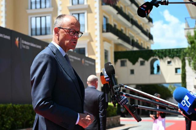Germany's Chancellor Friedrich Merz makes a press statement ahead of the EU-Western Balkans Summit at Porto Montenegro in Tivat on June 5, 2026. (Photo by SAVO PRELEVIC / AFP)