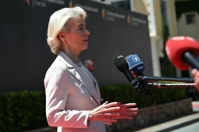 European Commission President Ursula von der Leyen makes a press statement ahead of the EU-Western Balkans Summit at Porto Montenegro in Tivat on June 5, 2026. (Photo by SAVO PRELEVIC / AFP)