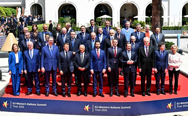 Heads of state pose for the family picture after the plenary session of the EU-Western Balkans Summit at Porto Montenegro in Tivat on June 5, 2026. The summit brings together leaders from EU member states and the six Western Balkans partners to discuss enlargement and gradual integration into the EU single market. (Photo by ELVIS BARUKCIC / AFP)