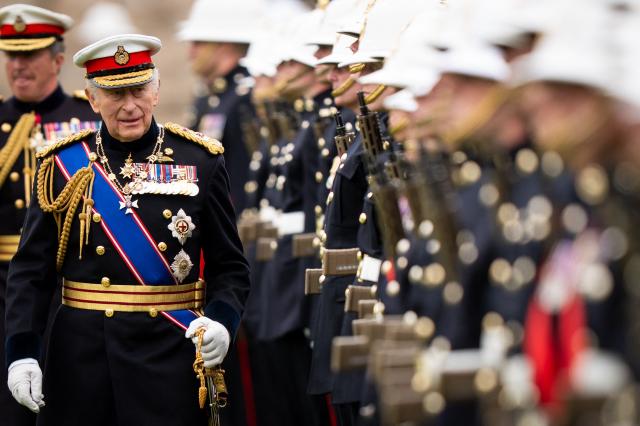 Britain's King Charles III, Captain General Royal Marines during a ceremony for the presentation of New Colours to the 40, 42, 43 and 45 Commando Royal Marines, at Windsor Castle, June 5, 2026. (Photo by Aaron Chown / POOL / AFP)