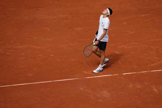 Czech Republic's Jakub Mensik reacts to a point against Germany's Alexander Zverev during their men's semi final singles match on day 13 of the French Open tennis tournament on Court Philippe-Chatrier at the Roland-Garros Complex in Paris on June 5, 2026. (Photo by Dimitar DILKOFF / AFP)