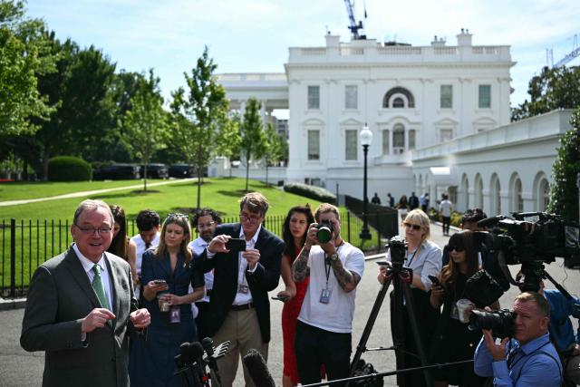 Kevin Hassett, Director of the National Economic Council of the United States, speaks to reporters outside the White House in Washington, DC, on June 5, 2026. US job growth surged past expectations in May with the unemployment rate remaining steady, as the labor market in the world's largest economy showed signs of firming after months of turbulence. Total nonfarm payroll employment increased by 172,000 in May, and the unemployment rate was unchanged at 4.3 percent, the US Bureau of Labor Statistics said on Friday. (Photo by Kent NISHIMURA / AFP)