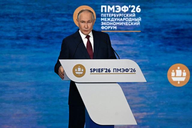 Russian President Vladimir Putin delivers a speech during the plenary session of the St. Petersburg International Economic Forum (SPIEF) in Saint Petersburg on June 5, 2026. (Photo by OLGA MALTSEVA / AFP)