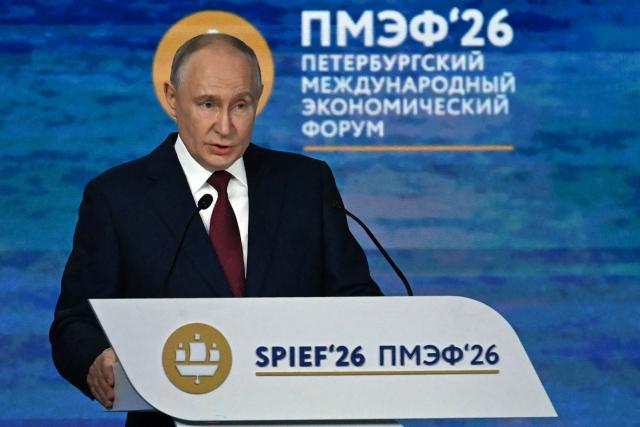 Russian President Vladimir Putin delivers a speech during the plenary session of the St. Petersburg International Economic Forum (SPIEF) in Saint Petersburg on June 5, 2026. (Photo by OLGA MALTSEVA / AFP)
