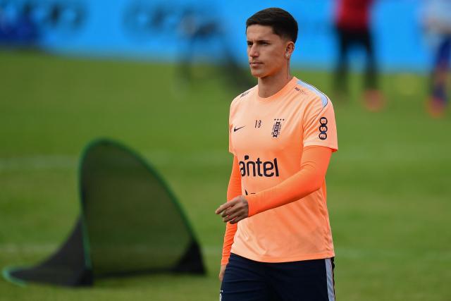 Uruguay's forward Brian Rodriguez takes part in a farewell activity with children ahead of the departure of the sqad for the FIFA World Cup 2026, at the Tito LOpez Lopez stadium in Pando, Canelones department, Uruguay on June 5, 2026. (Photo by Dante FERNANDEZ / AFP)