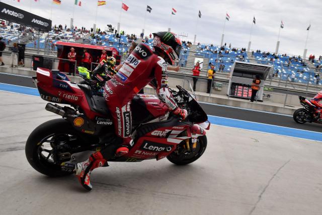 Team Ducati Lenovo Team's Francesco Bagnaia leaves for the Practice session at the Balaton Park Circuit in Balatonfokajar, Hungary, on June 5, 2026, ahead of the Hungarian Motorcycle MotoGP Grand Prix. (Photo by FERENC ISZA / AFP)