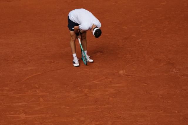 Czech Republic's Jakub Mensik reacts to a point against Germany's Alexander Zverev during their men's semi final singles match on day 13 of the French Open tennis tournament on Court Philippe-Chatrier at the Roland-Garros Complex in Paris on June 5, 2026. (Photo by Dimitar DILKOFF / AFP)