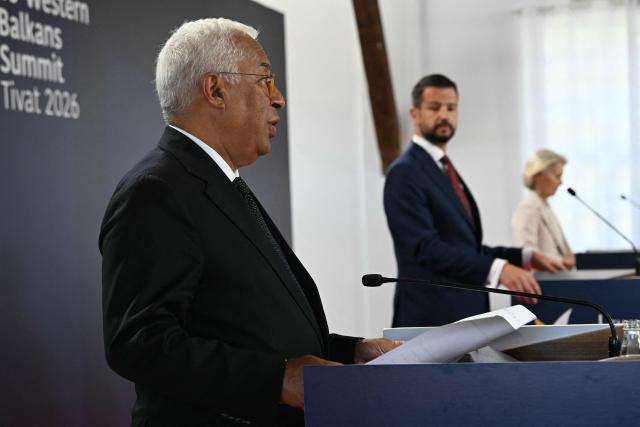 European Council President Antonio Costa (L), Montenegrin President Jakov Milatovic (C) and European Commission President Ursula von der Leyen (R) give a press conference during an EU-Western Balkans Summit at Porto Montenegro in Tivat on June 5, 2026. (Photo by SAVO PRELEVIC / AFP)