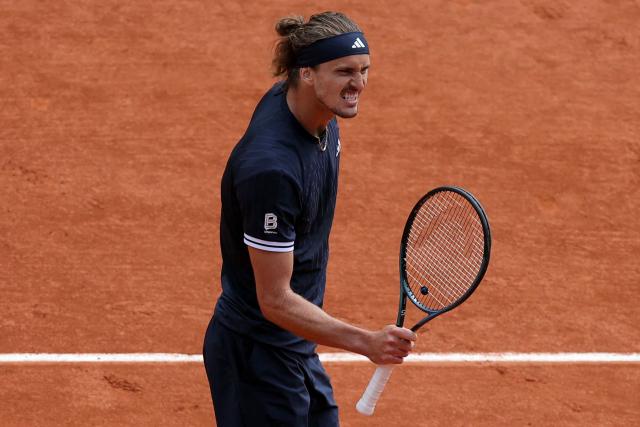 Germany's Alexander Zverev reacts after a point as he plays against Czech Republic's Jakub Mensik during their men's semi final singles match on day 13 of the French Open tennis tournament on Court Philippe-Chatrier at the Roland-Garros Complex in Paris on June 5, 2026. (Photo by Thomas SAMSON / AFP)
